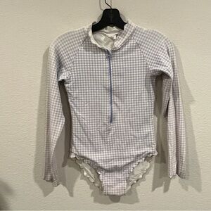 Seed size 10 gingham purple and white long sleeve swimsuit scalloped hem